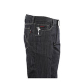 Side view of NSA DRIFIRE Slim Straight Leg FR Jean PNT-JSS01 in dark blue with contrast stitching, featuring a small screwdriver partially tucked into the front pocket.