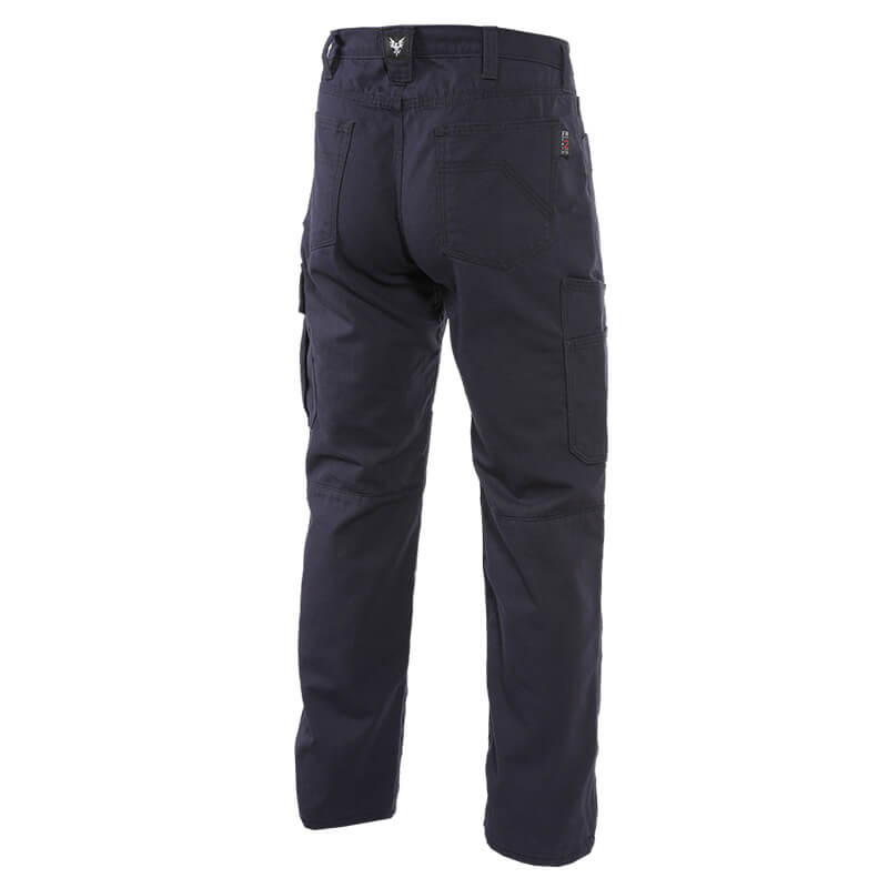 The NSA DRIFIRE Range Flex Pro Relaxed FR Work Pant in navy is shown from the back, featuring a relaxed fit with back pockets, belt loops, and side cargo pockets, displayed against a white background.