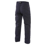 The NSA DRIFIRE Range Flex Pro Relaxed FR Work Pant in navy is shown from the back, featuring a relaxed fit with back pockets, belt loops, and side cargo pockets, displayed against a white background.