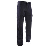 The NSA DRIFIRE Range Flex Pro Relaxed FR Work Pant in navy features a relaxed fit, multiple cargo pockets, visible seams, and a front button closure. Shown against a white background, these arc-rated pants provide both safety and practicality.