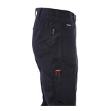 The NSA DRIFIRE Range Flex Pro Relaxed FR Work Pant in navy is displayed from the side, highlighting its multiple pockets—one with a red and black pen clipped inside. These arc-rated safety pants feature reinforced stitching, a relaxed fit for lasting comfort during long shifts, and a visible label near the waistband.