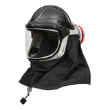 The Pureflo ESM+ PF60 PAPR Helmet PR05801-_-0_1 features a clear face shield, black hard shell, neck cape, and HE P-100 filter for advanced respiratory protection in hazardous environments.