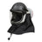 The Pureflo ESM+ PF60 PAPR Helmet (PR05801-_-0_1) features a black design, clear face shield, attached black fabric neck guard, and supports HE P-100 filters for safety in industrial or hazardous environments.