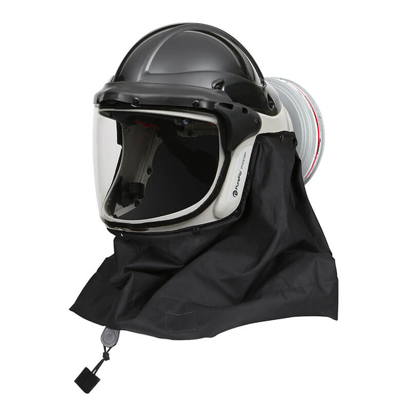 The Pureflo ESM+ PF60 PAPR Helmet (PR05801-_-0_1) features a black design, clear face shield, attached black fabric neck guard, and supports HE P-100 filters for safety in industrial or hazardous environments.
