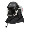 The Pureflo ESM+ PF60 PAPR Helmet (PR05801-_-0_1) features a black design, clear face shield, attached black fabric neck guard, and supports HE P-100 filters for safety in industrial or hazardous environments.