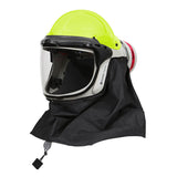 The Pureflo PureFlo ESM+ PF60 PAPR Helmet PR05801-_-0_1 is a bright yellow helmet with a clear face shield and black protective hood, providing respiratory and facial protection with its powered air purifying respirator and HE P-100 filter.