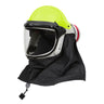 The Pureflo PureFlo ESM+ PF60 PAPR Helmet PR05801-_-0_1 is a bright yellow helmet with a clear face shield and black protective hood, providing respiratory and facial protection with its powered air purifying respirator and HE P-100 filter.
