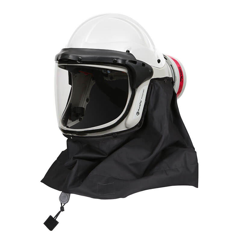 The PureFlo ESM+ PF60 PAPR Helmet (PR05801-_-0_1) by Pureflo features a white hard shell, clear visor, attached HE P-100 side filter, and a black fabric shroud protecting the neck and shoulders.