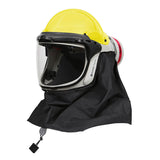 The PureFlo ESM+ PF60 PAPR Helmet PR05801-_-0_1 by Pureflo features a yellow hard hat, clear face shield, side HE P-100 filter, and black fabric neck cover for superior safety and comfort.