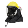 The PureFlo ESM+ PF60 PAPR Helmet PR05801-_-0_1 by Pureflo features a yellow hard hat, clear face shield, side HE P-100 filter, and black fabric neck cover for superior safety and comfort.