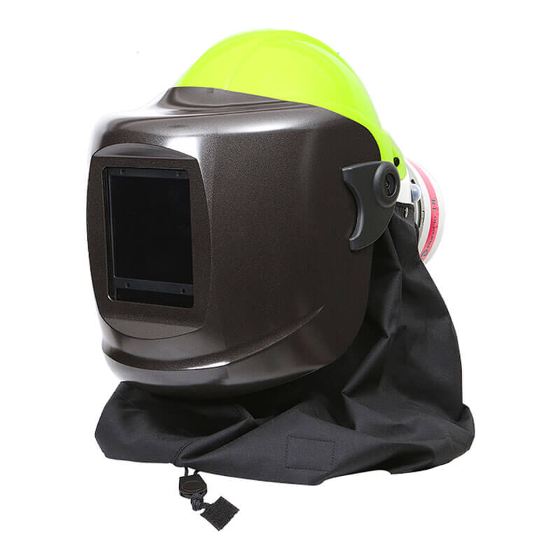 The Pureflo ESM+ PF60 PAPR Welding Helmet with INT/EXT Switch offers industrial safety and respiratory protection with a dark face shield, yellow top, and black hood drape, ideal for welding where metal fume protection is essential.