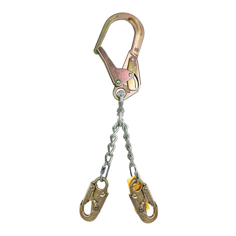 The Frontline Fall Protection Patriot Positioning Chain w/Swivel Hook (PSSW2R-US) features one large snap hook and two smaller hooks on double zinc-plated chains, ideal for work at heights in construction or industrial environments.