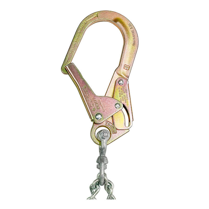 A close-up of the Frontline Patriot Positioning Chain w/Swivel Hook PSSW2R-US by Frontline Fall Protection, featuring a gold-finished, zinc-plated metal carabiner with a locking mechanism for added safety in height work or climbing.