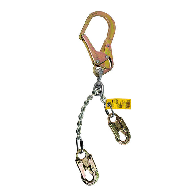 The Frontline Fall Protection Patriot Positioning Chain w/Swivel Hook PSSW2R-US features a zinc-plated metal chain with a large carabiner, twisted cable, and two locking hooks—perfect for height safety or as a harness positioning aid in construction and industry.