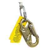A close-up of the Frontline Patriot Positioning Chain w/Swivel Hook PSSW2R-US by Frontline Fall Protection, featuring a gold safety hook and yellow inspection tag—perfect for fall protection or harness systems when working at heights.