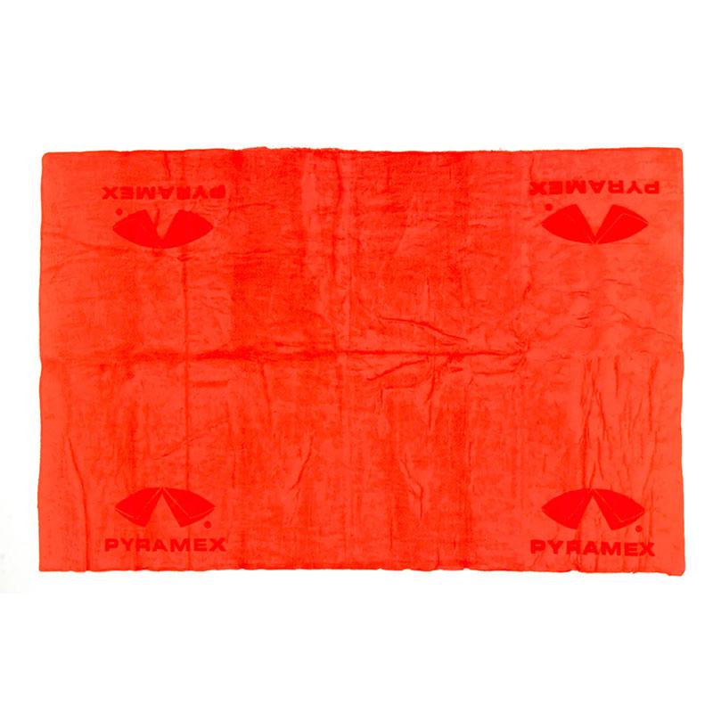 The Bright Pyramex C1 Series Cooling Towel by Pyramex Safety is made from evaporative PVA material, showcasing the Pyramex logo in red at each corner and edge. It is reusable, anti-microbial, and offers a soft, highly absorbent texture.