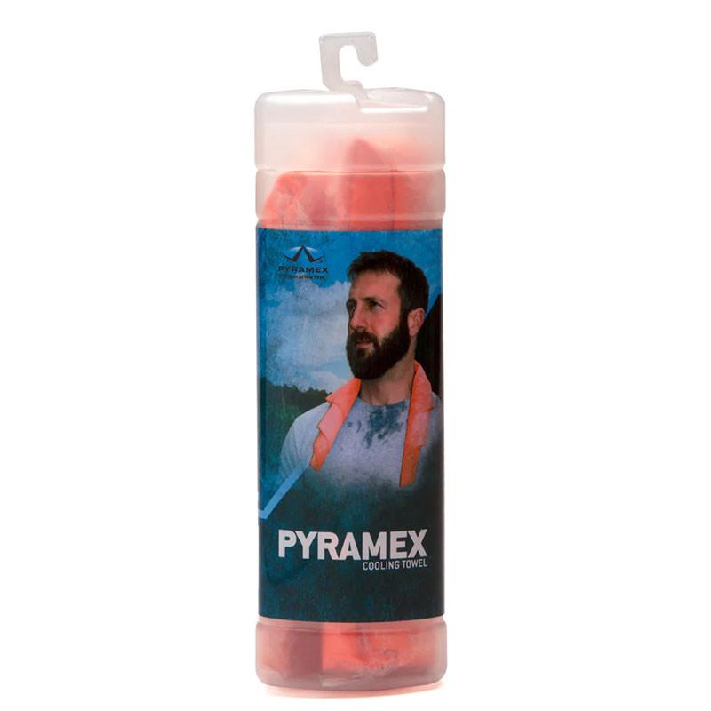 A cylindrical container houses the Pyramex C1 Series Cooling Towel, which is crafted from reusable, evaporative PVA material in pink. The label features the Pyramex Safety logo and an image of someone wearing the anti-microbial towel. An attached hook at the top facilitates easy hanging.