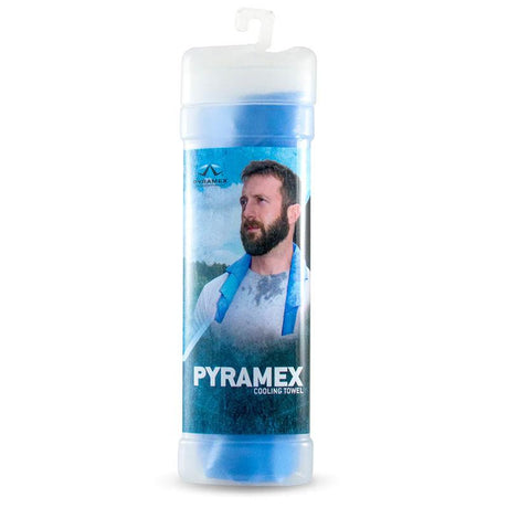 The Pyramex C1 Series Cooling Towel by Pyramex Safety is packaged with an image of a bearded man wearing the blue towel around his neck. Made from evaporative PVA material, this reusable towel is housed in a transparent container with a white cap and label displaying its branding.