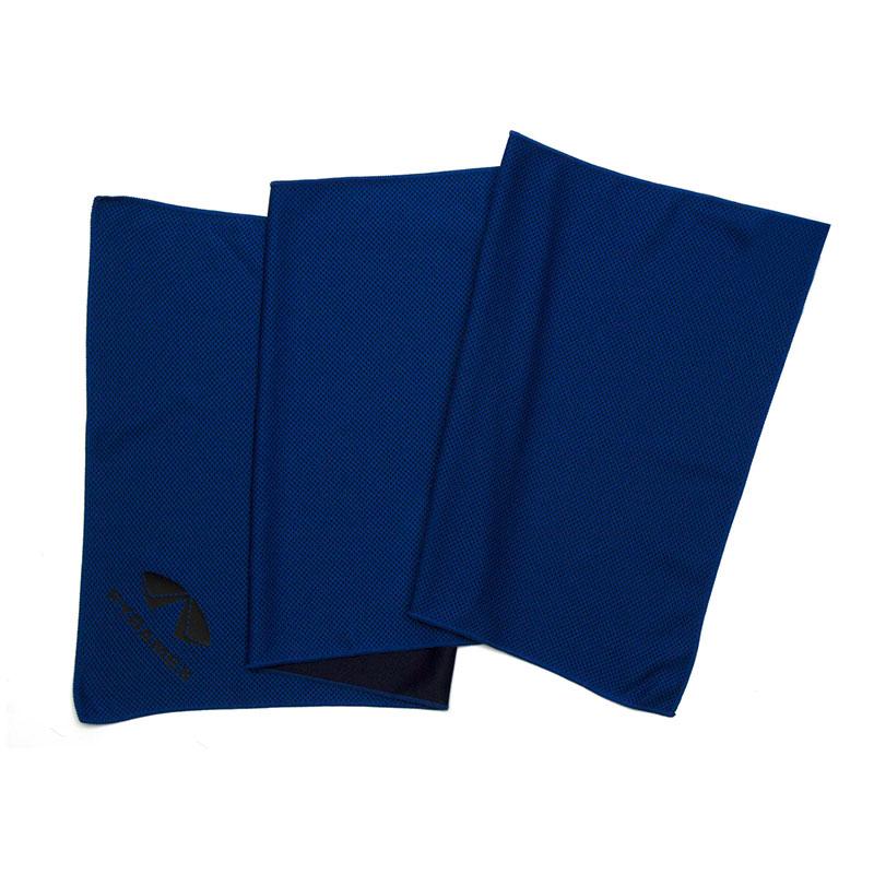 Three textured microfiber towels in dark blue from Pyramex Safety's C3 Series are partially overlapped and displayed against a white background. One towel features a small black logo in the corner. Known for their moisture-wicking properties, these cooling towels also offer UPF 50+ protection.