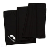 A black Pyramex Safety C3 Series Cooling Towel is shown against a white background. This moisture-wicking towel includes the Pyramex logo in white on one corner and provides UPF 50+ protection.