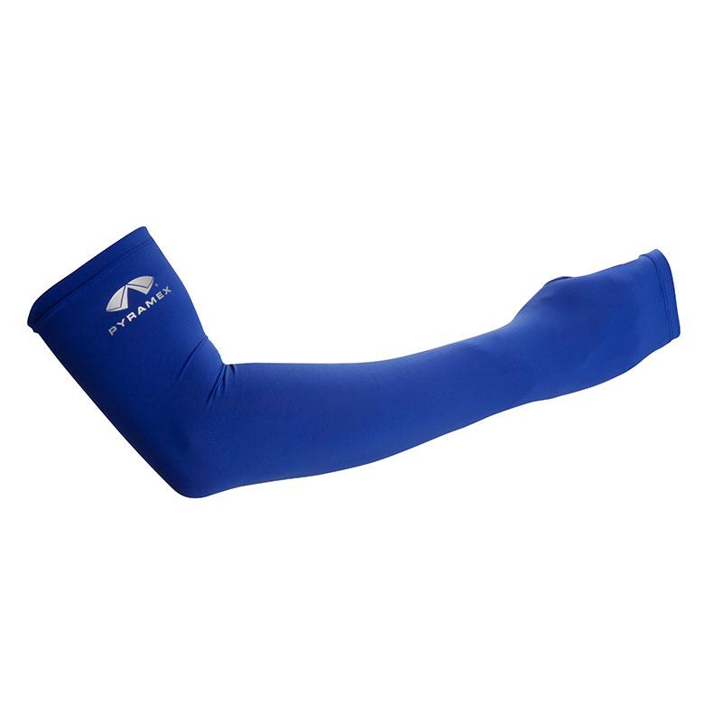 The Pyramex Safety CS1 Series Cooling Sleeves, crafted from nylon/spandex and featuring the "Pyramex" branding along with a logo, are designed for both safety and comfort. Displayed against a white backdrop to emphasize their ergonomic shape and smooth fabric, these blue sleeves offer UPF 50 protection.