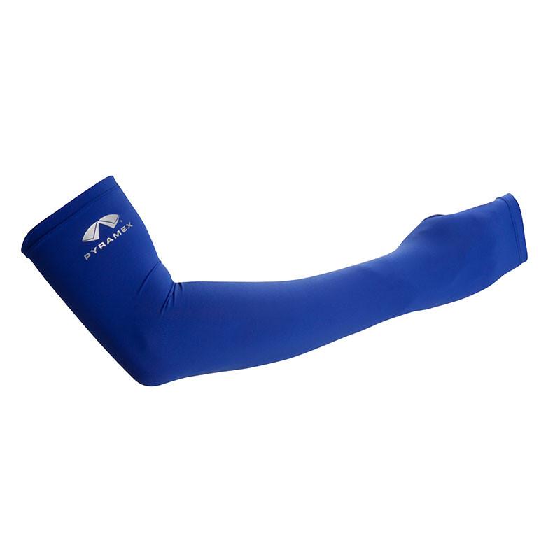 Introducing the Pyramex CS1 Series Cooling Sleeves from Pyramex Safety. These blue protective arm sleeves feature the company logo and cutting-edge cooling sleeve technology. Crafted for both safety and comfort, they provide coverage from wrist to upper arm and offer UPF 50 protection with a durable nylon/spandex blend, making them ideal for both industrial settings and sporting activities.