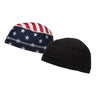 Displayed are two cloth caps from Pyramex Safety. The first is the Pyramex Skull Cap Liner CSK1, featuring red and white stripes with white stars on a blue background, reminiscent of the American flag. The second cap is a solid black variant that also functions as a stylish helmet liner. Both caps are showcased side by side, emphasizing their distinct designs.