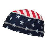 Introducing the Pyramex Skull Cap Liner CSK1 by Pyramex Safety: This cooling swim cap showcases an American flag design, complete with moisture-wicking fabric. It features bold red and white stripes on the top and classic white stars on a blue background along the sides, making it ideal for use as a helmet liner to enhance both comfort and style.