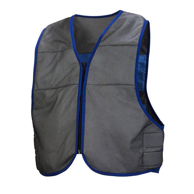 The Pyramex Safety CV100 Series Cooling Vest is a gray mesh safety vest with blue trim, equipped with a front zipper and multiple pockets. It features an adjustable waistband for a perfect fit, ensuring comfort throughout your day.