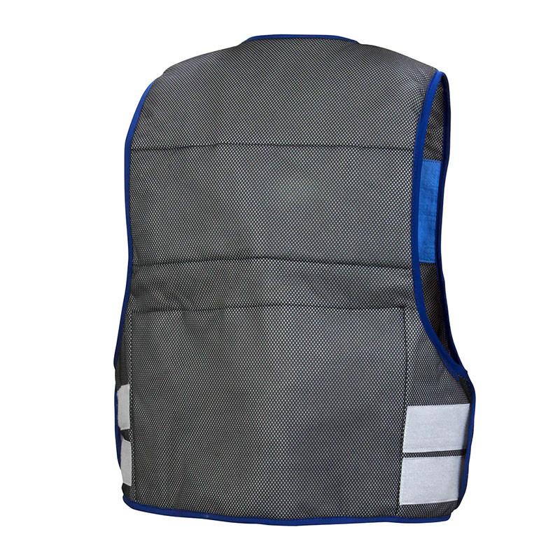 The Pyramex Safety CV100 Series Cooling Vest, featuring a black and blue design with reflective stripes, is showcased against a plain white background. It includes an adjustable waistband and mesh texture for enhanced safety and visibility.