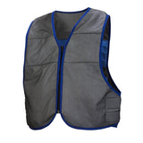 Introducing the Pyramex CV100 Series Cooling Vest from Pyramex Safety, a lightweight vest equipped with a zippered front, blue trim, adjustable waistband, and multiple pockets.