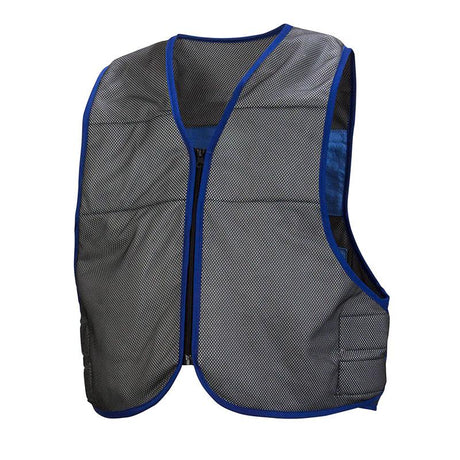 The Pyramex Safety CV100 Series Cooling Vest is a lightweight gray mesh safety vest with blue trim, featuring a front zipper and multiple pockets. Designed for visibility or protection, it includes evaporative PVA panels to enhance comfort during wear.