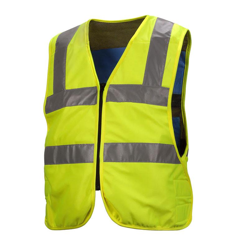 Introducing the Pyramex CV200 Series Hi-Vis Cooling Vest, a bright safety vest designed by Pyramex Safety. It features reflective gray stripes across the chest and shoulders, is compliant with ANSI/ISEA 107-2020 standards, and includes a front zipper closure with evaporative PVA panels for enhanced comfort.