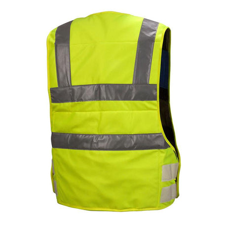 The Pyramex Safety CV200 Series Hi-Vis Cooling Vest is a bright yellow safety garment featuring reflective gray bands on the back and sides to ensure high visibility. It complies with ANSI/ISEA 107-2020 standards and includes evaporative PVA panels for increased comfort in hot conditions.