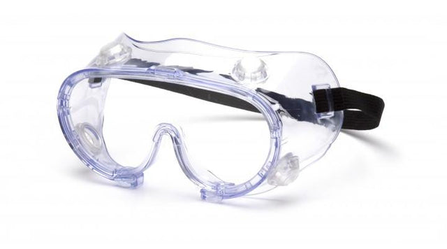 The Pyramex G205 Series Chemical Splash Goggles by Pyramex Safety feature clear, large anti-fog, scratch-resistant lenses with side ventilation and a black adjustable strap, designed meticulously to protect eyes in laboratory or industrial environments.