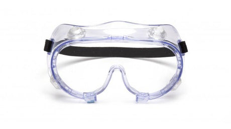 The Pyramex Safety G205 Series Chemical Splash Goggles (12/box) feature a transparent anti-fog lens, black adjustable strap, and vented sides for airflow.