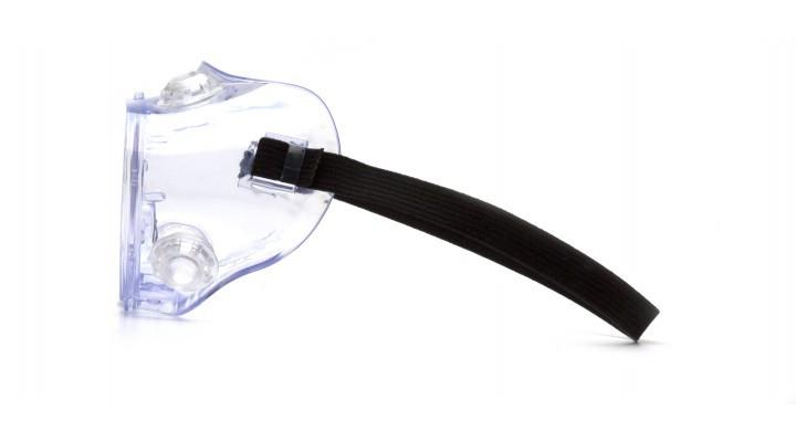 The Pyramex G205 Series Chemical Splash Goggles, available in a box of 12, are displayed from a side perspective featuring a transparent, scratch-resistant shield that effectively covers the eyes. These safety goggles by Pyramex Safety come equipped with clear lenses and an adjustable black strap, offering anti-fog protection to ensure optimal visibility and safety across diverse environments.