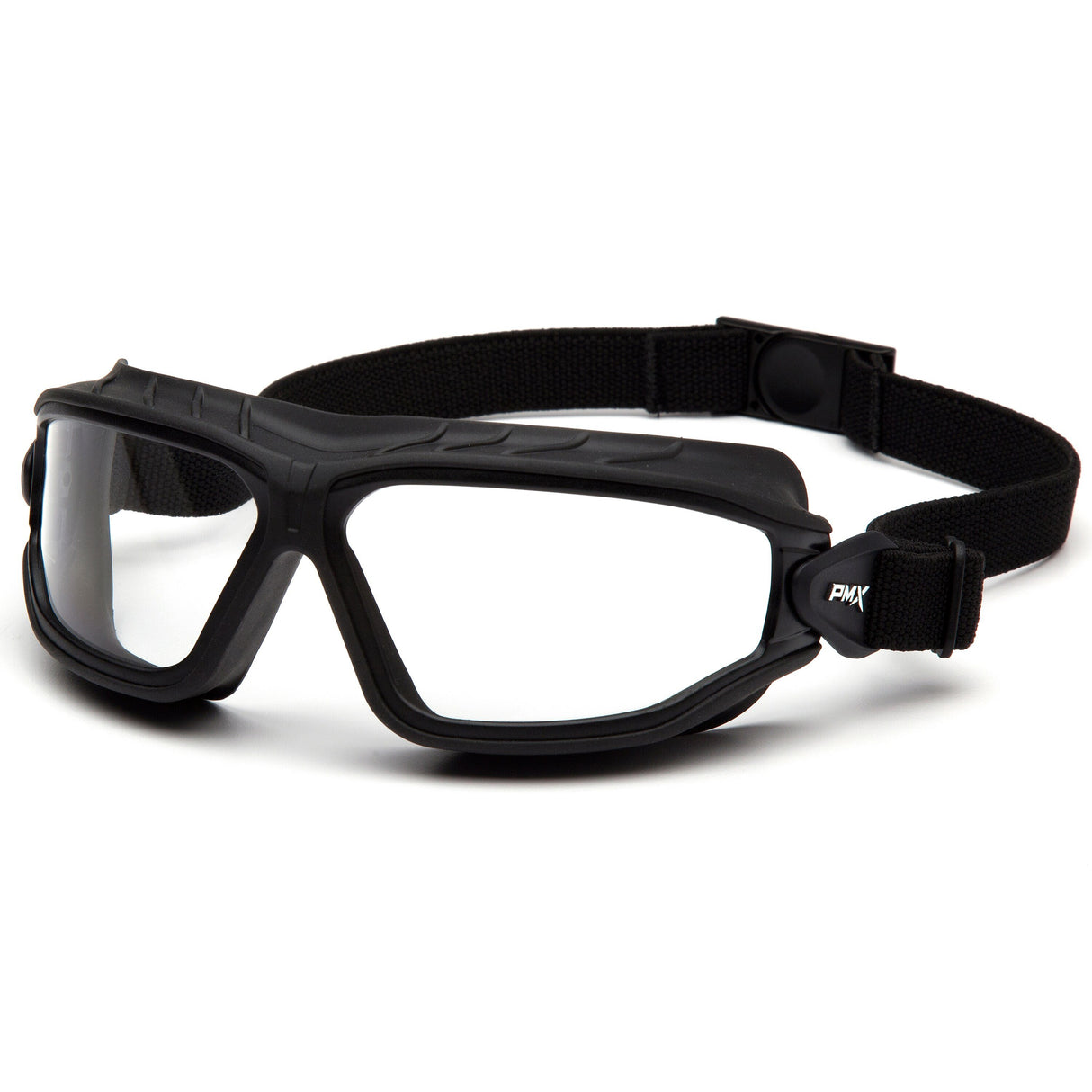 The Pyramex Torser Safety Glasses GB100_0TM, manufactured by Pyramex Safety, feature black frames with clear, UV-resistant lenses and an adjustable strap, specifically designed to protect eyes during various activities. These glasses are available in a pack of 12 per box.