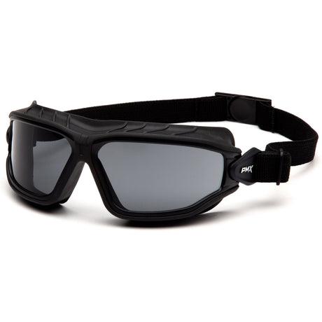 Pyramex Safety's Pyramex Torser Safety Glasses GB100_0TM combine a wraparound design with tinted, UV-resistant lenses. These black protective glasses are equipped with an anti-fog coating and feature an adjustable strap to ensure a secure fit, available in packs of 12.