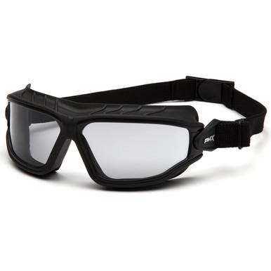 The Pyramex Torser Safety Glasses GB100_0TM by Pyramex Safety feature a pair of black frames with clear, UV-resistant lenses and an adjustable strap, enhanced with an anti-fog coating for optimal protection. These are available in boxes containing 12 pairs.