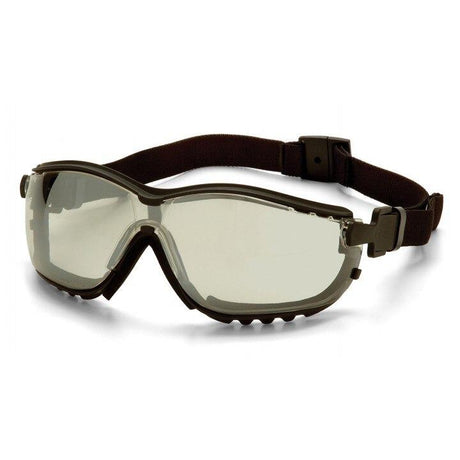 The Pyramex V2G Goggles GB18_0ST, by Pyramex Safety, come equipped with a black adjustable strap and clear lenses to shield your eyes from UV rays. These tinted safety goggles boast a durable frame that ensures a comfortable fit for a wide range of activities.