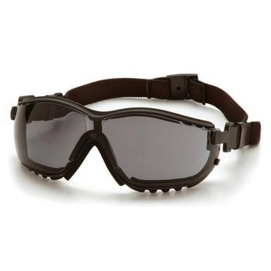 A pair of Pyramex V2G Goggles GB18_0ST from Pyramex Safety, featuring black frames with dark tinted lenses, UV protection, and an adjustable strap.