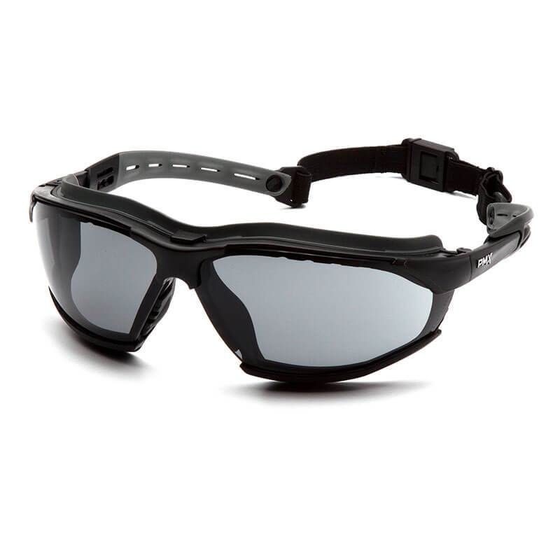 Pyramex Safety's Pyramex Isotope H2MAX anti-fog sunglasses, featuring a black frame and gray-tinted lenses, come with an adjustable strap. The rugged design meets High Velocity Impact standards, making them perfect for outdoor activities.