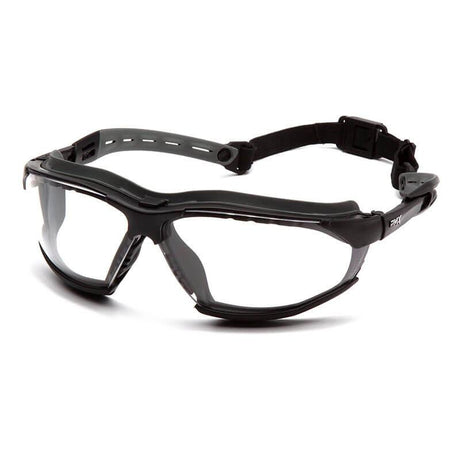 The Pyramex Isotope H2MAX Anti-Fog Glasses by Pyramex Safety come with clear lenses designed to prevent fogging. They feature a durable black frame and an adjustable strap for a secure fit. Engineered to meet ballistic impact standards, these glasses offer comprehensive eye protection with their wraparound style.