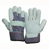 Introducing the Pyramex Split Cowhide Leather Palm Gloves GL1001W by Pyramex Safety, crafted with grey split cowhide leather on the palms and fingers, complemented by striped fabric on the back and safety cuffs. These gloves are engineered for protection and boast a durable construction ideal for heavy-duty tasks.