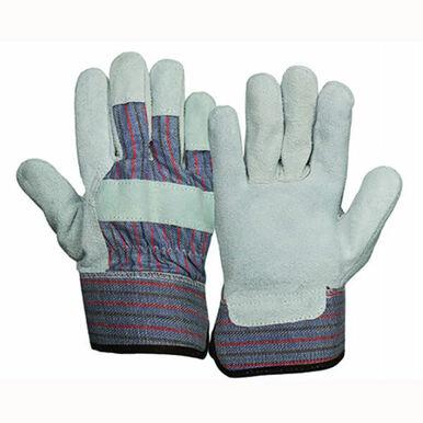 A pair of Pyramex Safety Split Cowhide Leather Palm Gloves GL1001W is crafted from gray split cowhide and features blue and red striped safety cuffs, displayed side by side.