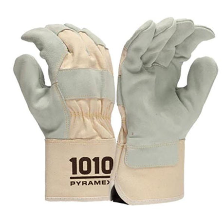 A pair of light gray and beige work gloves with abrasion-resistant premium cowhide leather palms is featured. The model number "GL1010W" and the brand name "Pyramex Safety" are printed on the cuff. With Kevlar stitching, these gloves are positioned upright to display both front and back views.