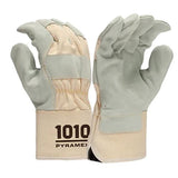 A pair of Pyramex Safety GL1010W work gloves features beige and gray coloring with reinforced Premium Cowhide Leather Palms. The beige cuffs display the number "1010" alongside the brand name "Pyramex." Enhanced with Kevlar Stitching, these abrasion-resistant gloves are positioned palms forward and slightly inward.