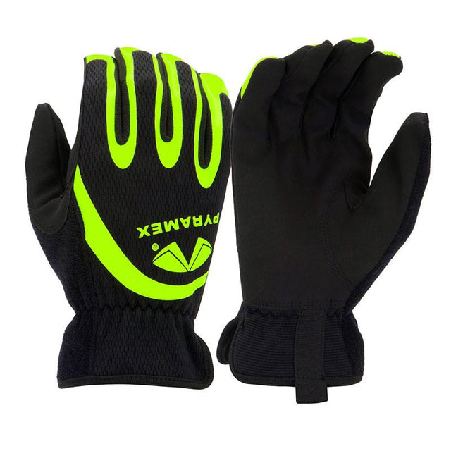 Introducing the Pyramex Safety Synthetic Leather Gloves GL103HT, available in a black and neon yellow design with an ergonomic fit. These gloves, adorned with the Pyramex brand logo on the back, are crafted from synthetic leather for better grip and feature touchscreen compatibility. They also include an elastic wristband and can be displayed both palm up and palm down. Sold in packs of 6 pairs.