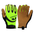 Introducing the Pyramex Abrasion Resistant Leather Palm GL104HT gloves, available in a set of 6 pairs. These gloves, designed by Pyramex Safety, feature neon green and black fabric on the exterior with durable brown faux leather palms. The left glove showcases the back with an embossed logo, while the right glove displays the palm side. Perfectly blending style and function, these hi-vis gloves are ideal for safety and visibility.